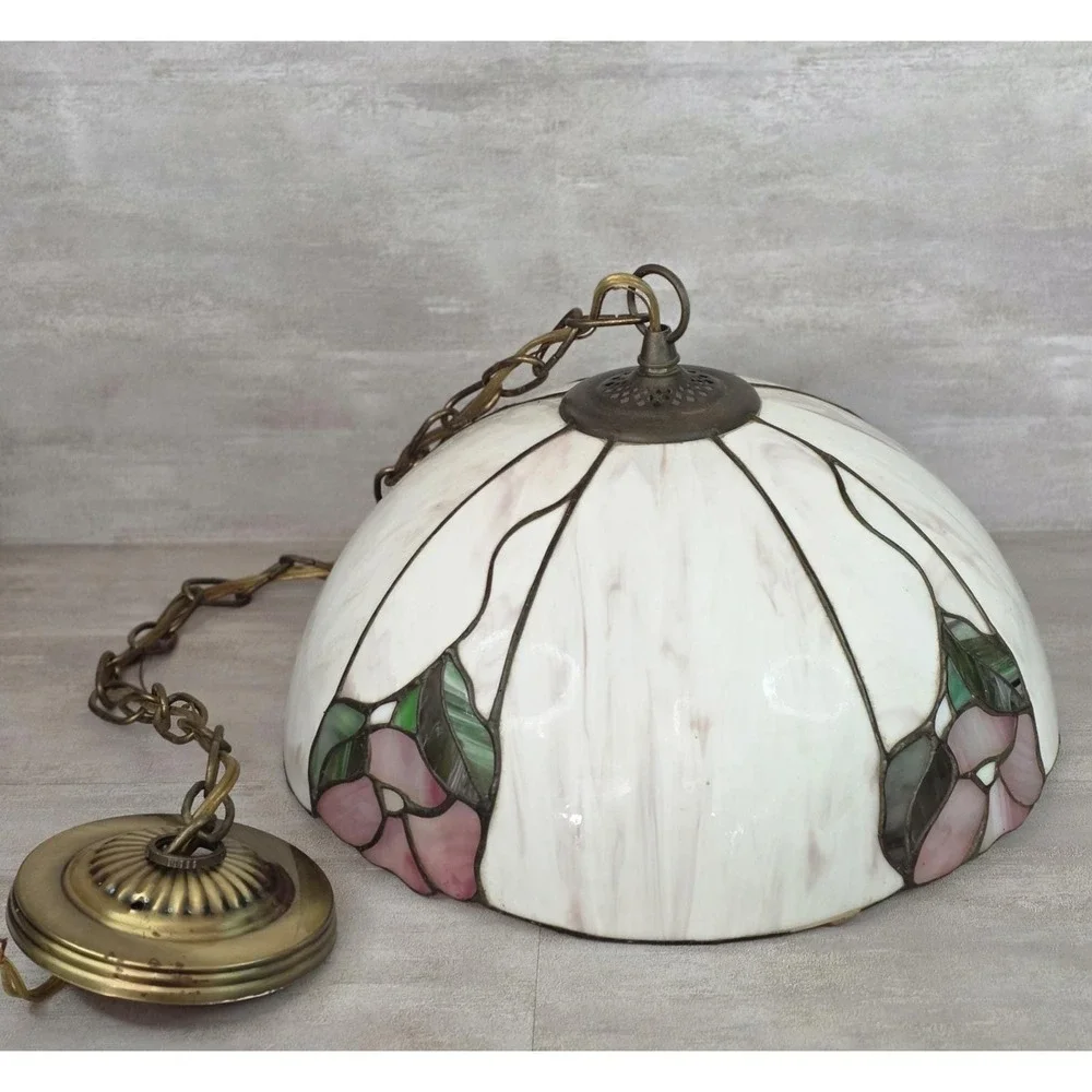VTG Tiffany Style Stained Glass Dome CeilingLamp Shade Hanging Floral Leaf 14.5